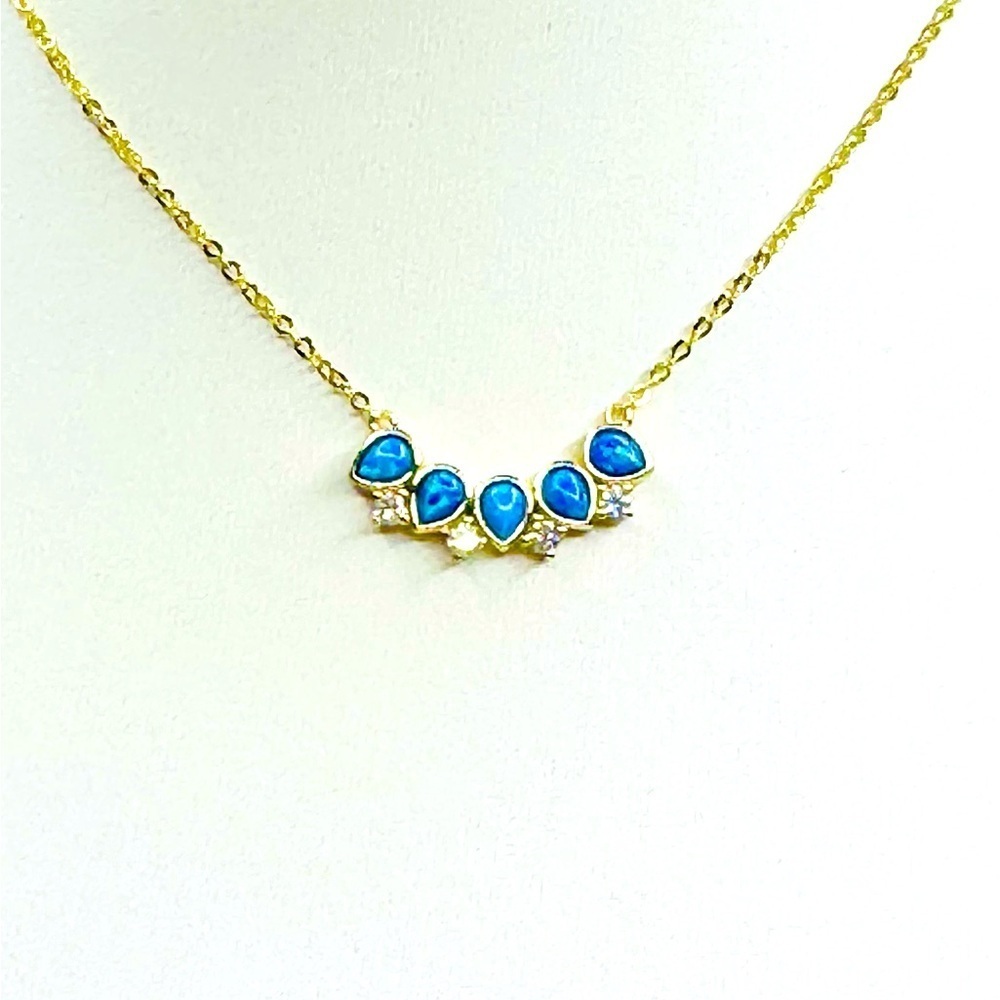 Blue Opal and Simulated Diamond on Sterling Silver and 18K Gold Necklace